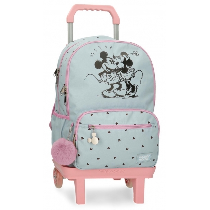 Mochila escolar Mickey y Minnie kisses doble compartimento con carro